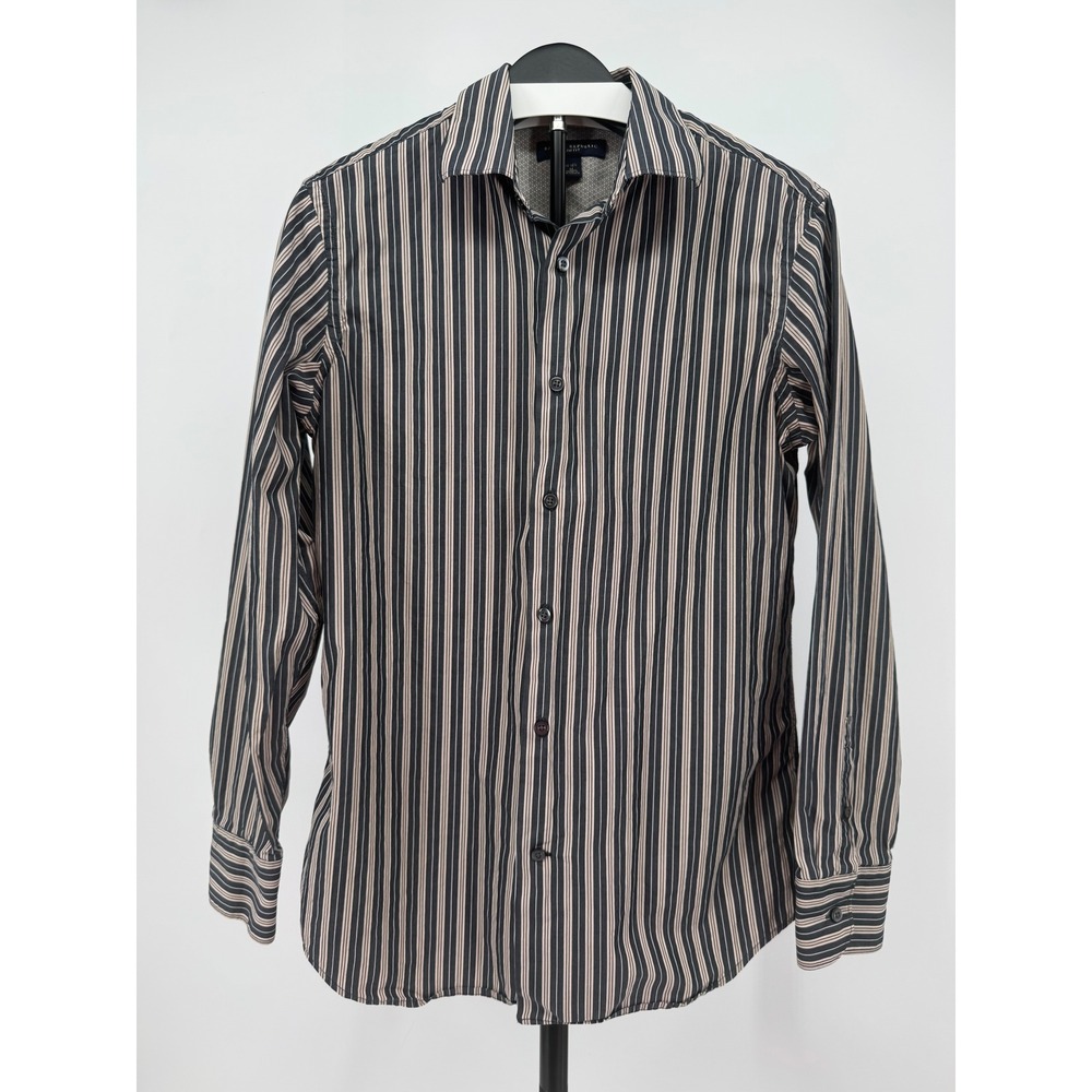 Banana Republic Mens Slim Fit Striped Button Down Shirt Black Tan Medium 15-15.5